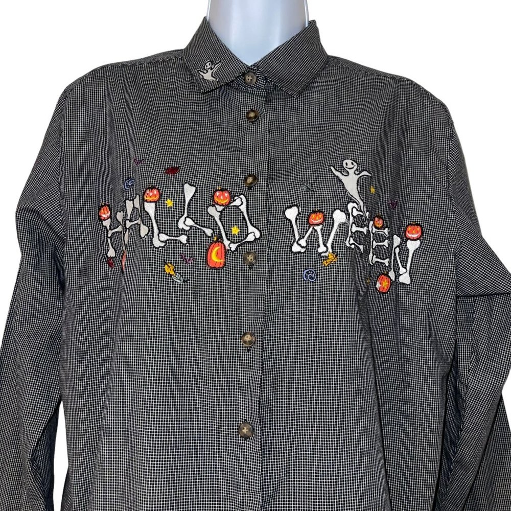 Vintage Karen Scott Halloween Bones Shirt Womens M Gothic Bones Ghost Check - Picture 2 of 9
